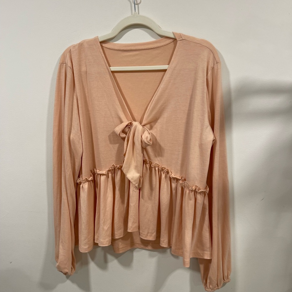 Tie-Front Peplum Long-Sleeve Top - Blush Pink